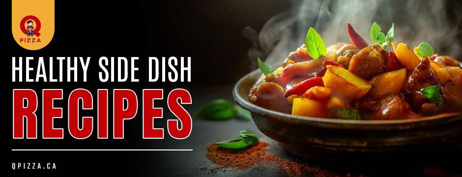 A steaming bowl of spiced vegetables garnished with fresh herbs, representing flavorful healthly Side Dish Recipes served by Q Pizza.